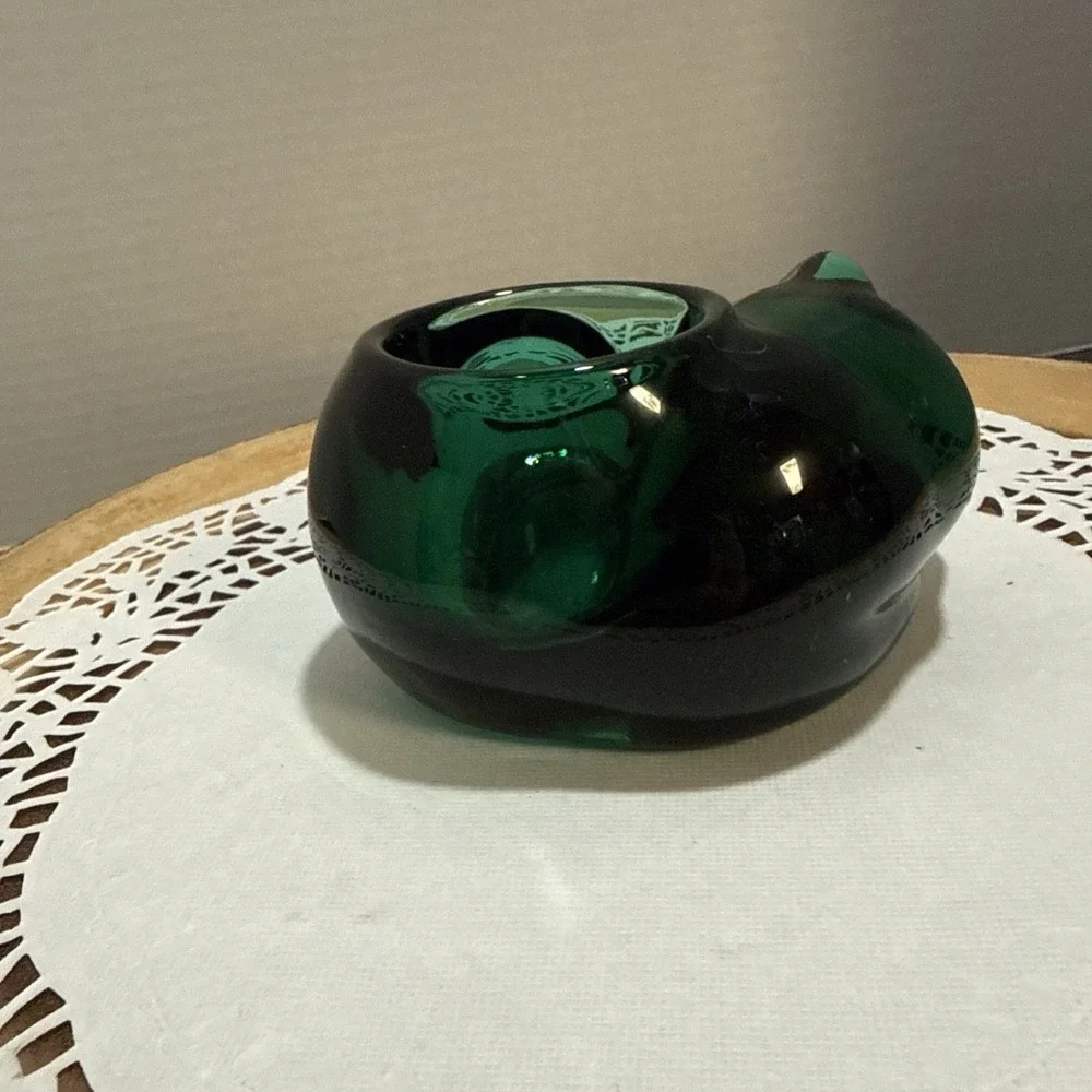Indiana Glass Sleeping Kitten Emerald Green Glass Votive Tealight Holder Cat
